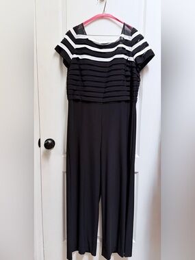 Black and White Pleated-Top Women's Pantsuit